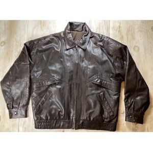 LA Leather Men's XL Brown Genuine Leather Bomber Jacket Zip Up Collar Lined